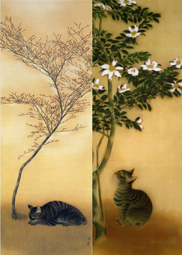 「猫（春眠）」と「山茶花に猫」